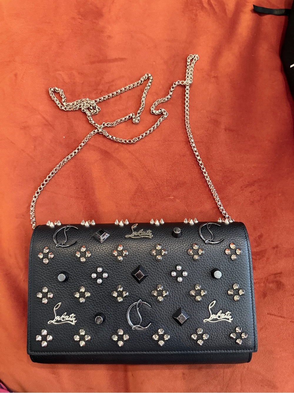 Christian Louboutin Black Studded Leather Crossbody Clutch with Silver Accents - Picture 2 of 9